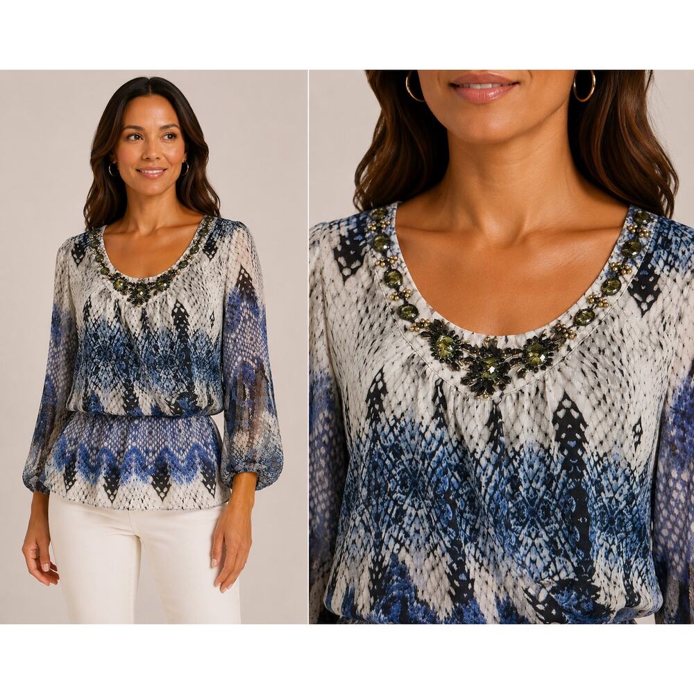 Cache Embellished Peasant Boho Chic Top New Animal Print Elastic Waist $138 NWT